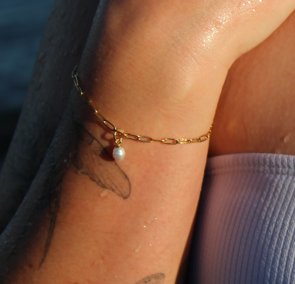 18K gold-plated waterproof tarnish-free paperclip chain bracelet with a single pearl, handmade and woman owned by CHRMD.