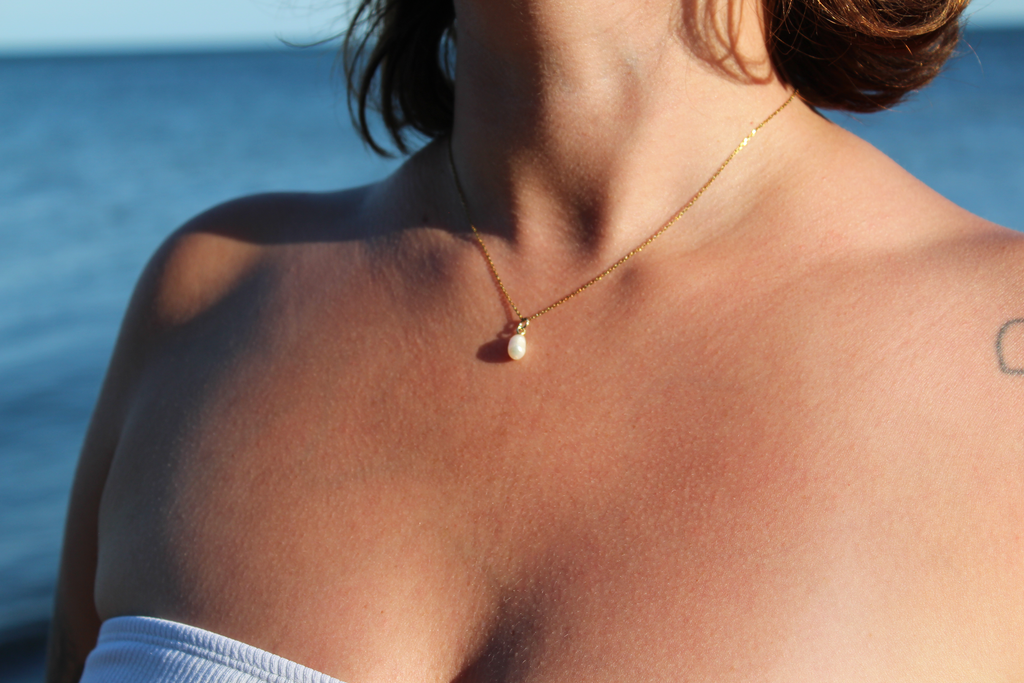 18K gold-plated waterproof tarnish-free minimalist dainty necklace with real pearl, handmade and woman owned by CHRMD.