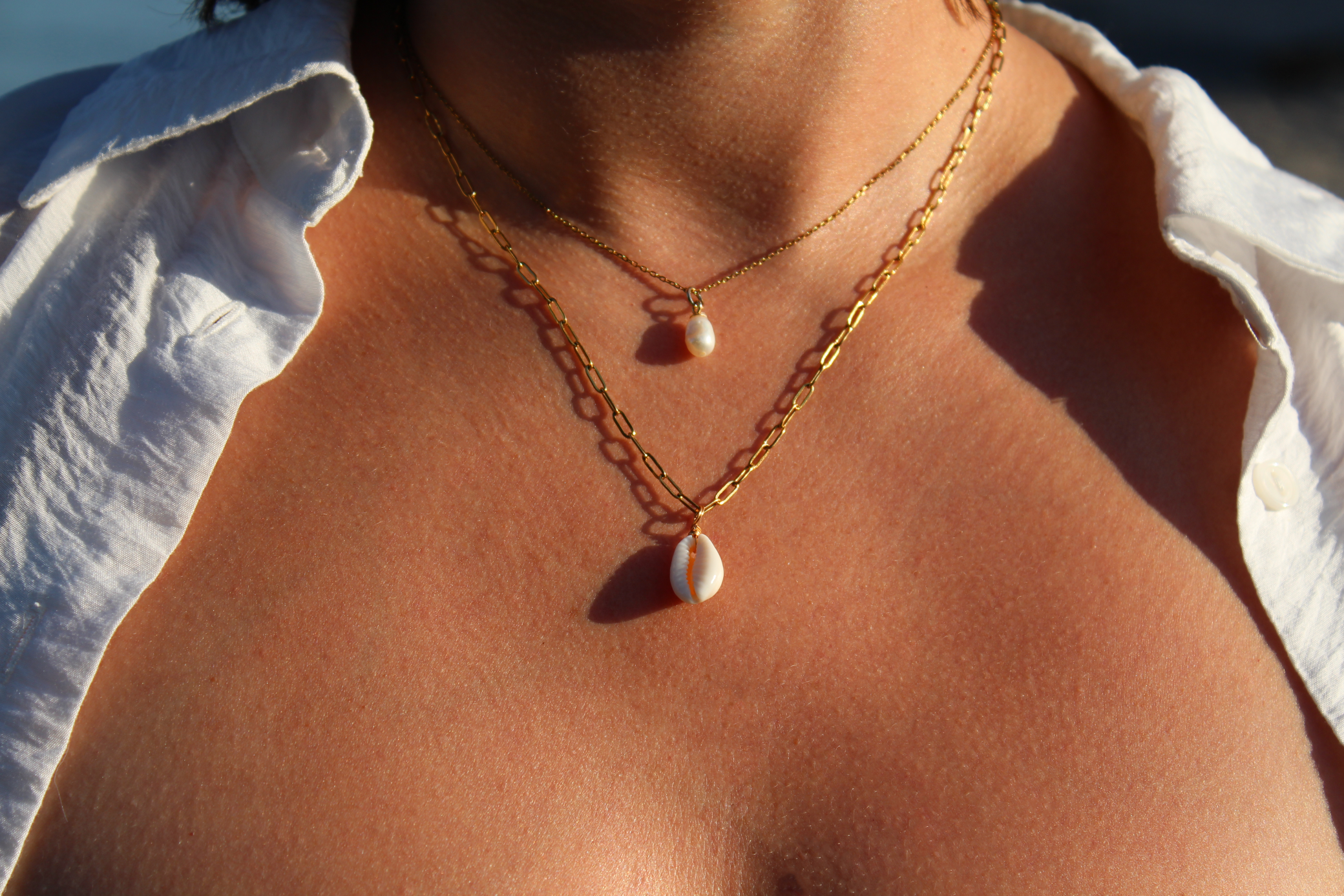 18K gold-plated waterproof tarnish-free minimalist dainty necklace with real pearl, paperclip chain with puka shell, handmade and woman owned by CHRMD.