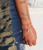 18K gold-plated waterproof tarnish-free paperclip chain bracelets, one with a single pearl, one with 3 mini seashells, handmade and woman owned by CHRMD.